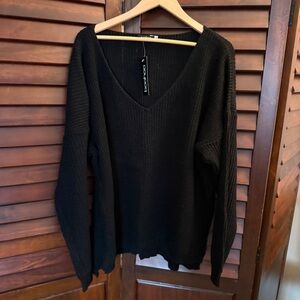 Black V-Neck shaker style Sweater with side vents